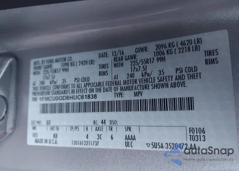 2017 Ford Escape Se z USA, uszkodzony, nr VIN 1FMCU0GD8HUC61838